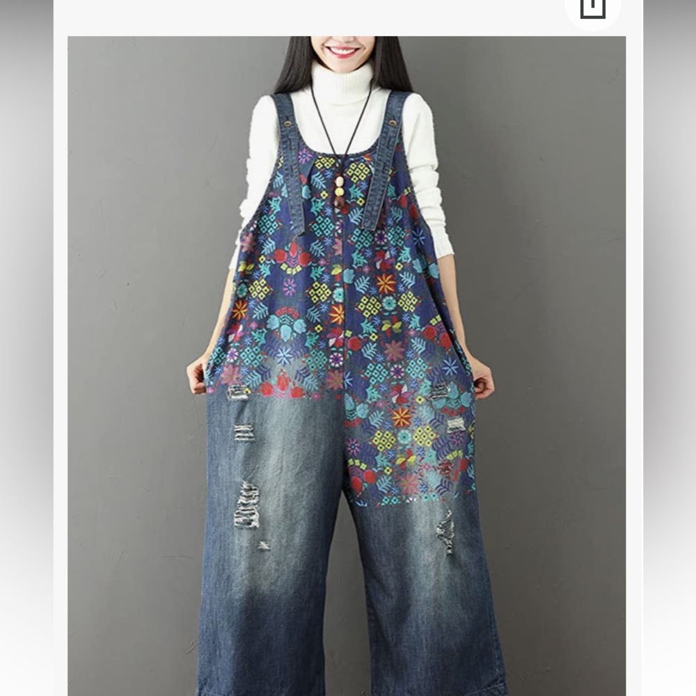 Flygo Women's Floral Printed Wide Leg Distressed Bib Denim Overalls Jumpsuits